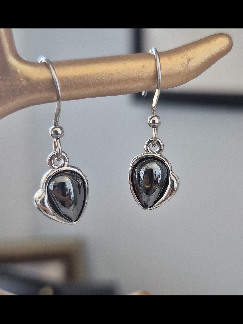 Silver Heart Drop Earrings with Hematite Tone
